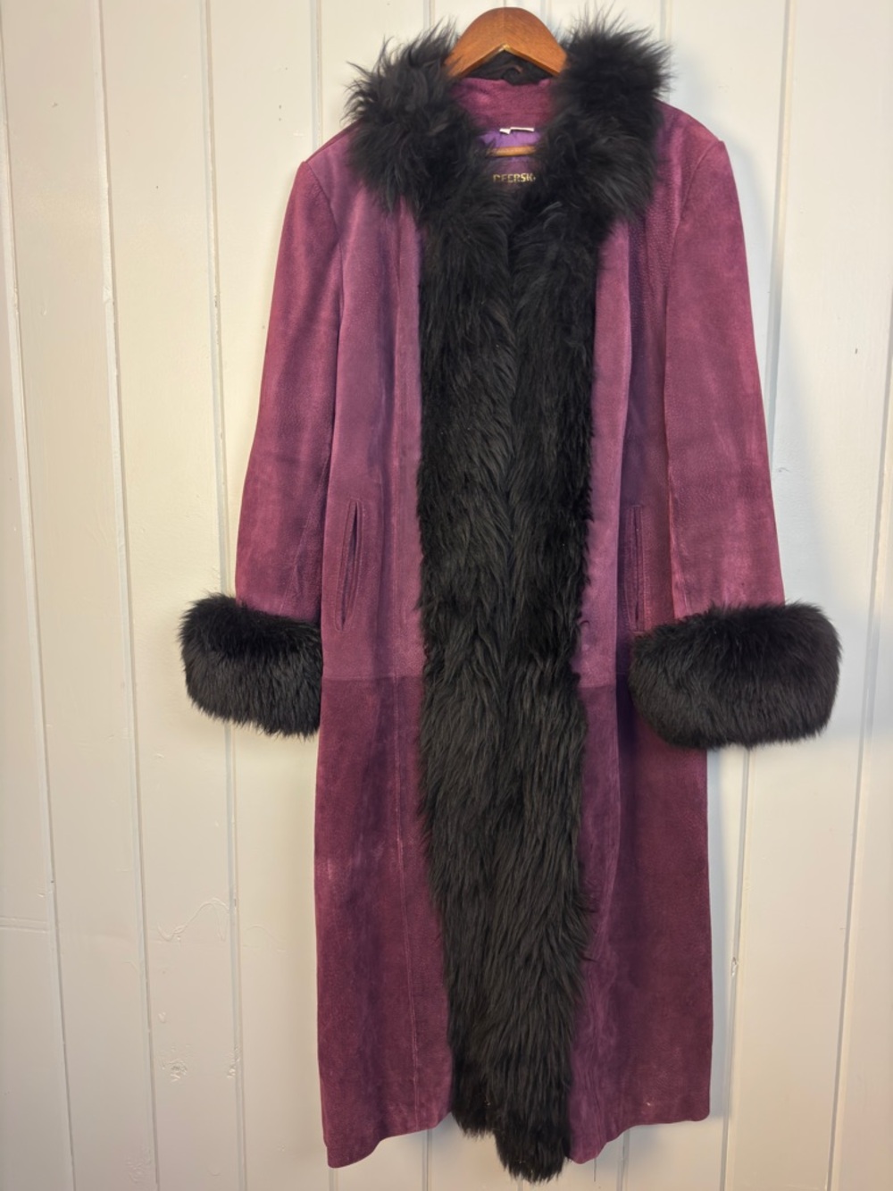 Deerskin Vintage Purple Suede Penny Lane Maxi Coat with Black Mouton Fur Trim